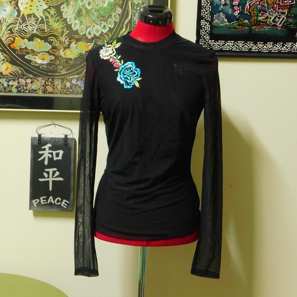 Cache Double Mesh Sheer Black Top W/ Embroidery - image 1